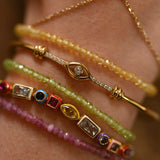 Close-up of a wrist wearing multiple gold and gemstone bracelets.