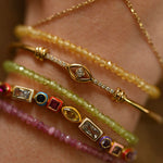 Close-up of a wrist wearing multiple gold and gemstone bracelets on a blurred background