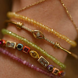 Close-up of a wrist wearing multiple gold and gemstone bracelets on a blurred background