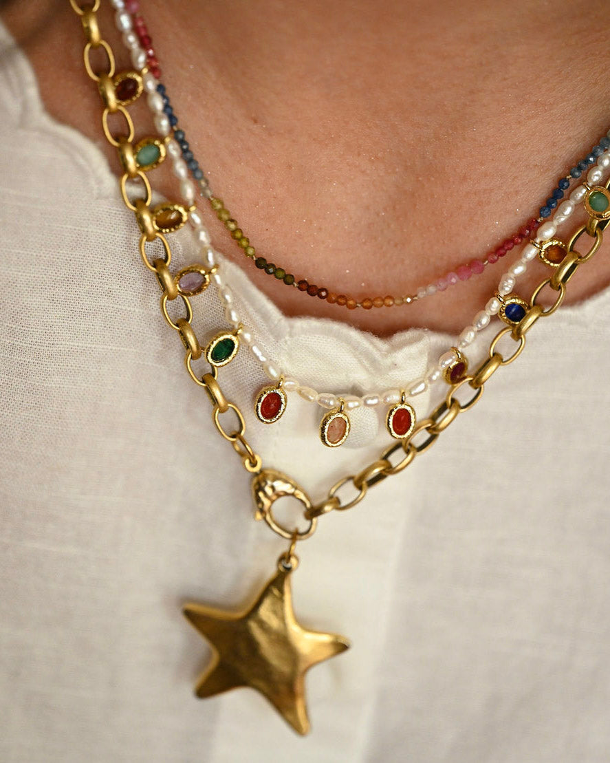 Close-up of a gold chain necklace with a star pendant on a white background