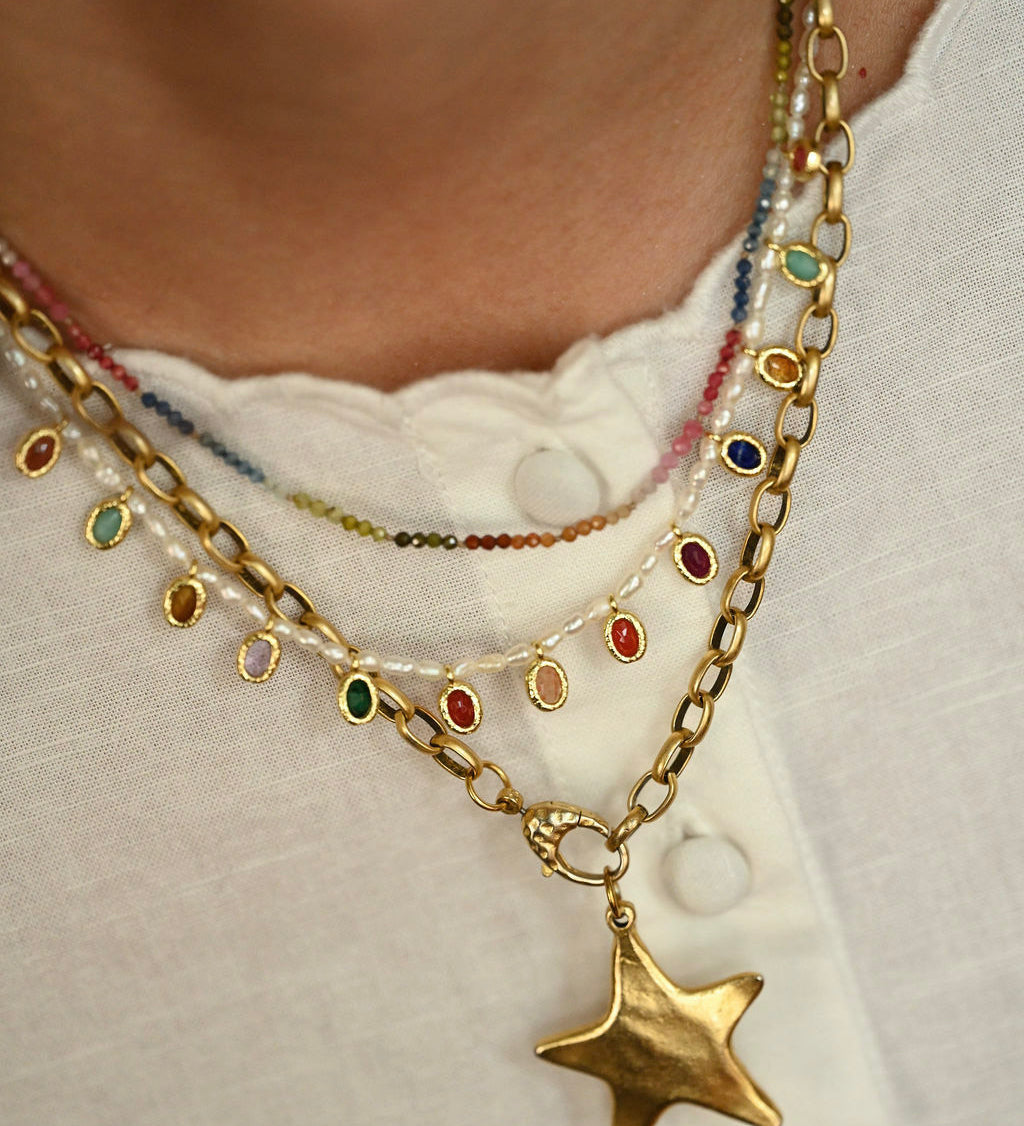 Necklace with star pendant and colorful beads on a white background