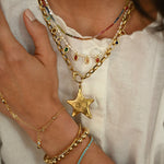 Close-up of a person wearing multiple gold necklaces and bracelets on a white background