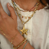 Close-up of a person wearing multiple gold necklaces and bracelets on a white background