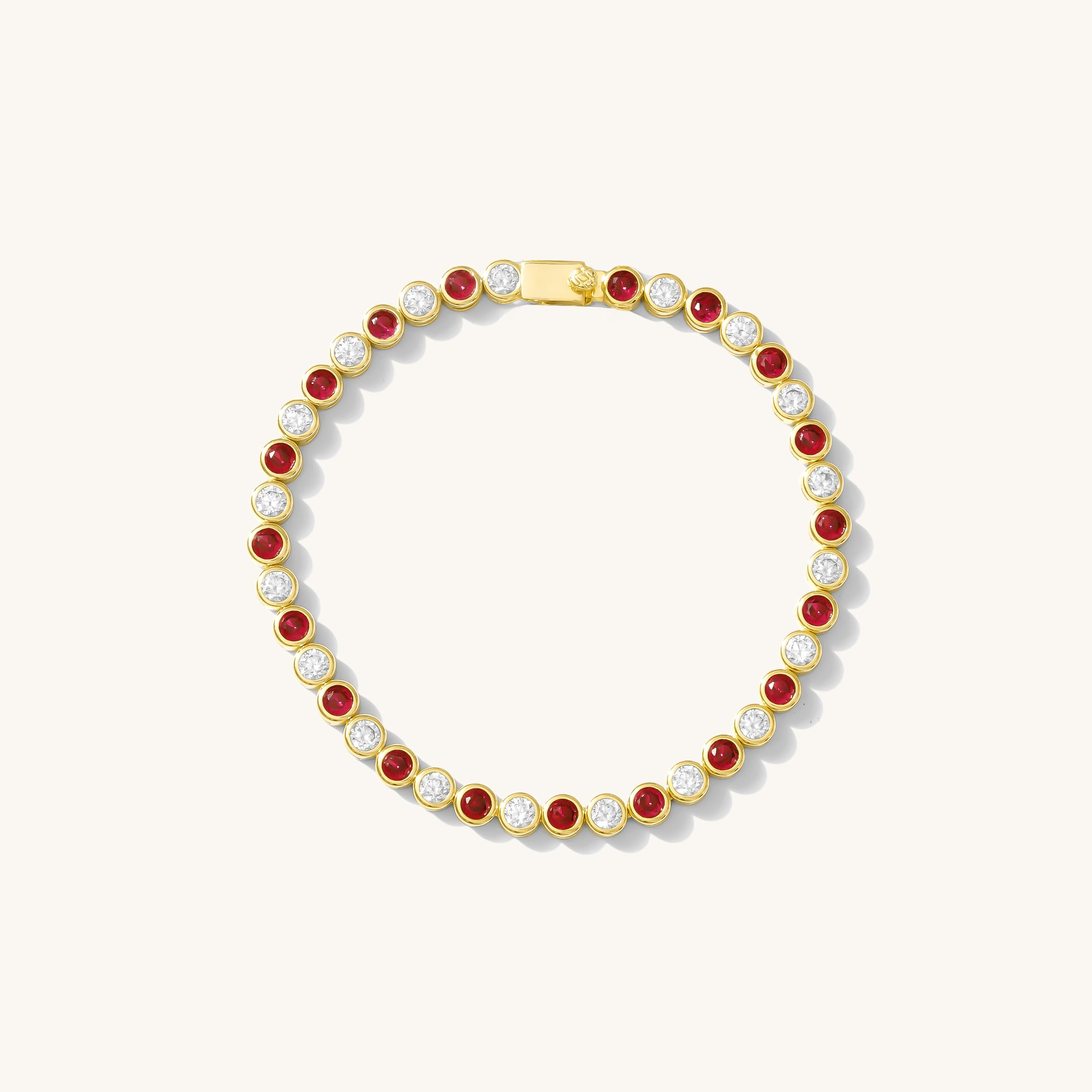 Bracelet with red and white beads on a light beige background