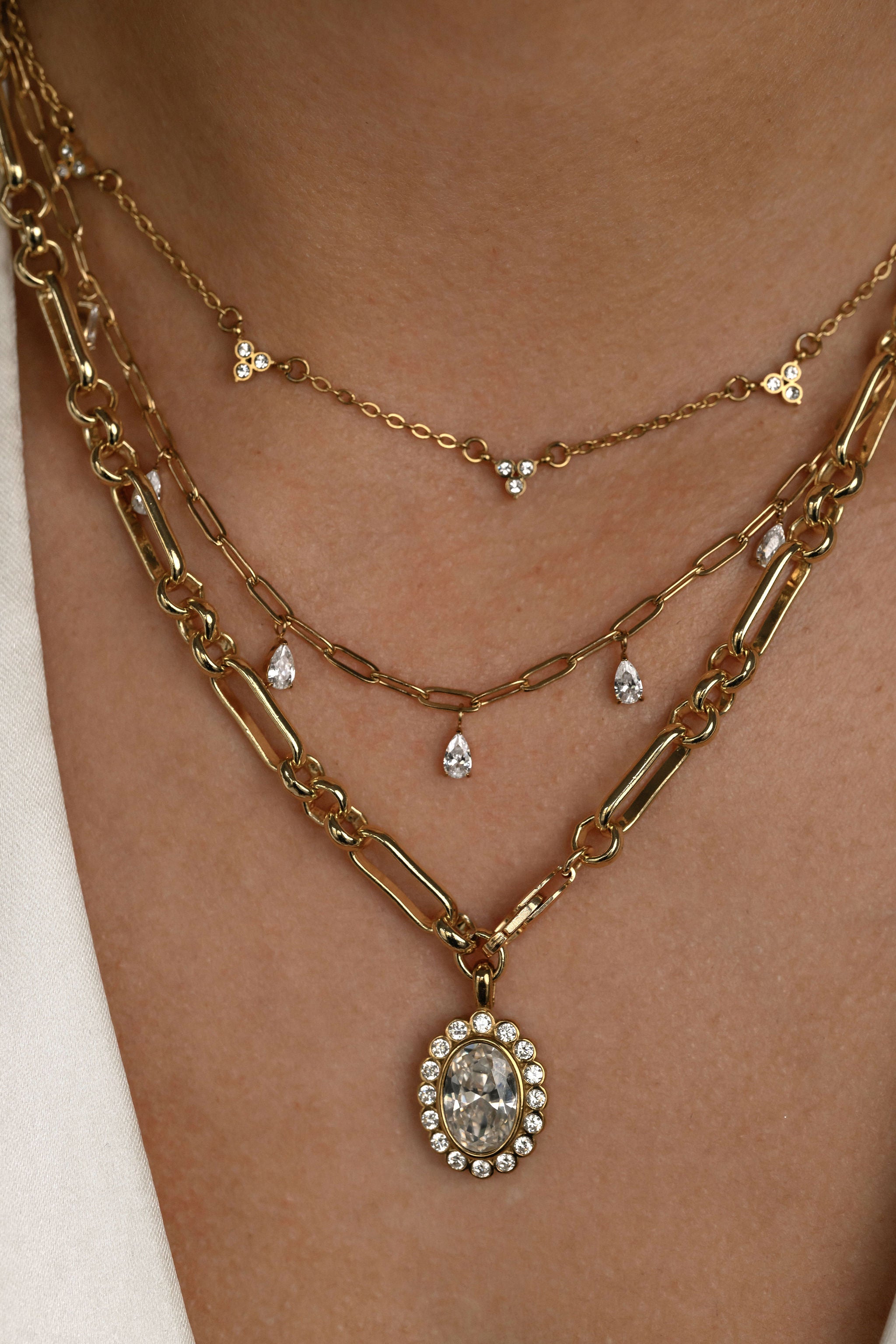 Layered gold necklaces with pendant on a person's neck