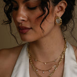 Woman wearing gold jewelry including earrings and necklaces against a neutral background