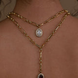 Gold chain necklaces with pendant drops on a person's neck