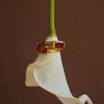 Gold ring with a red gemstone on a white flower against a brown background