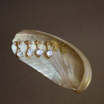 Set of gold and diamond earrings on a shell against a brown background