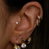 Close-up of an ear with multiple gold and crystal earrings 
