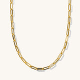 A gold-colored chain necklace with a series of linked segments.