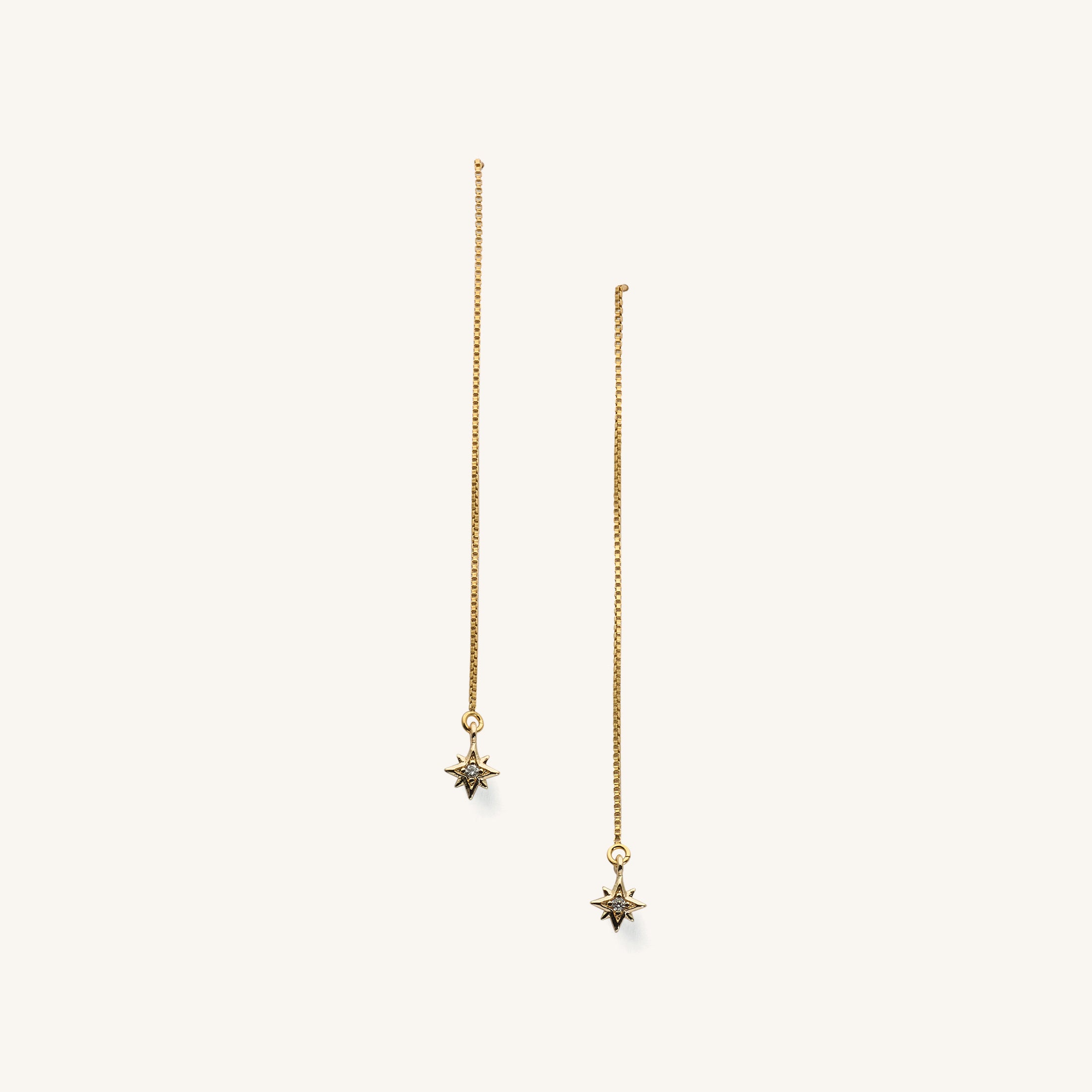 Close up of gold threader earrings on a white background 